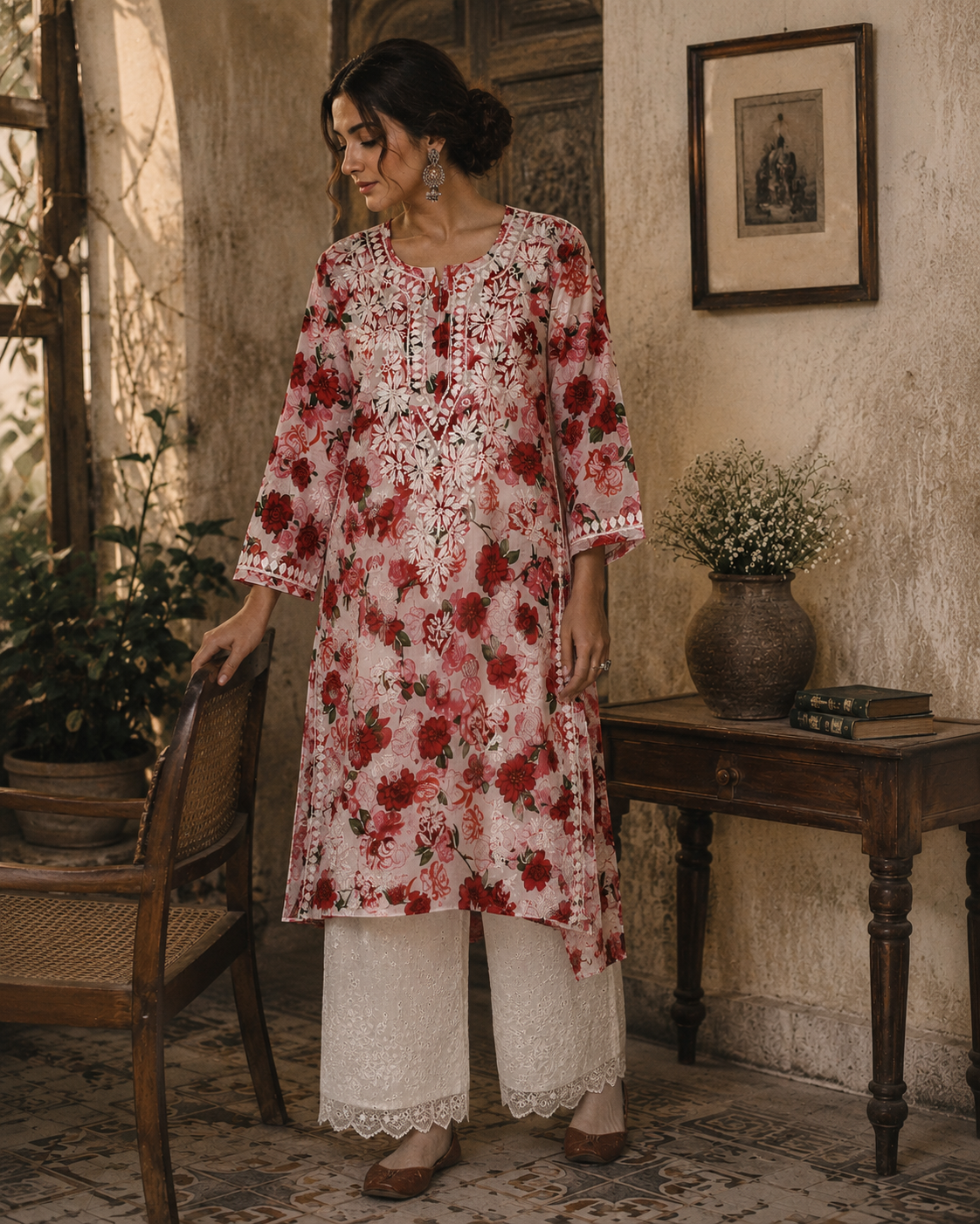 AMEERA PINK MULMUL PRINTED LONG KURTA