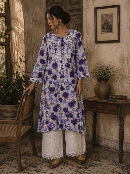 AMEERA PURPLE MULMUL PRINTED LONG KURTA