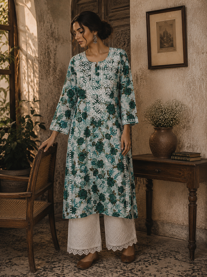 AMEERA GREEN MULMUL PRINTED LONG KURTA