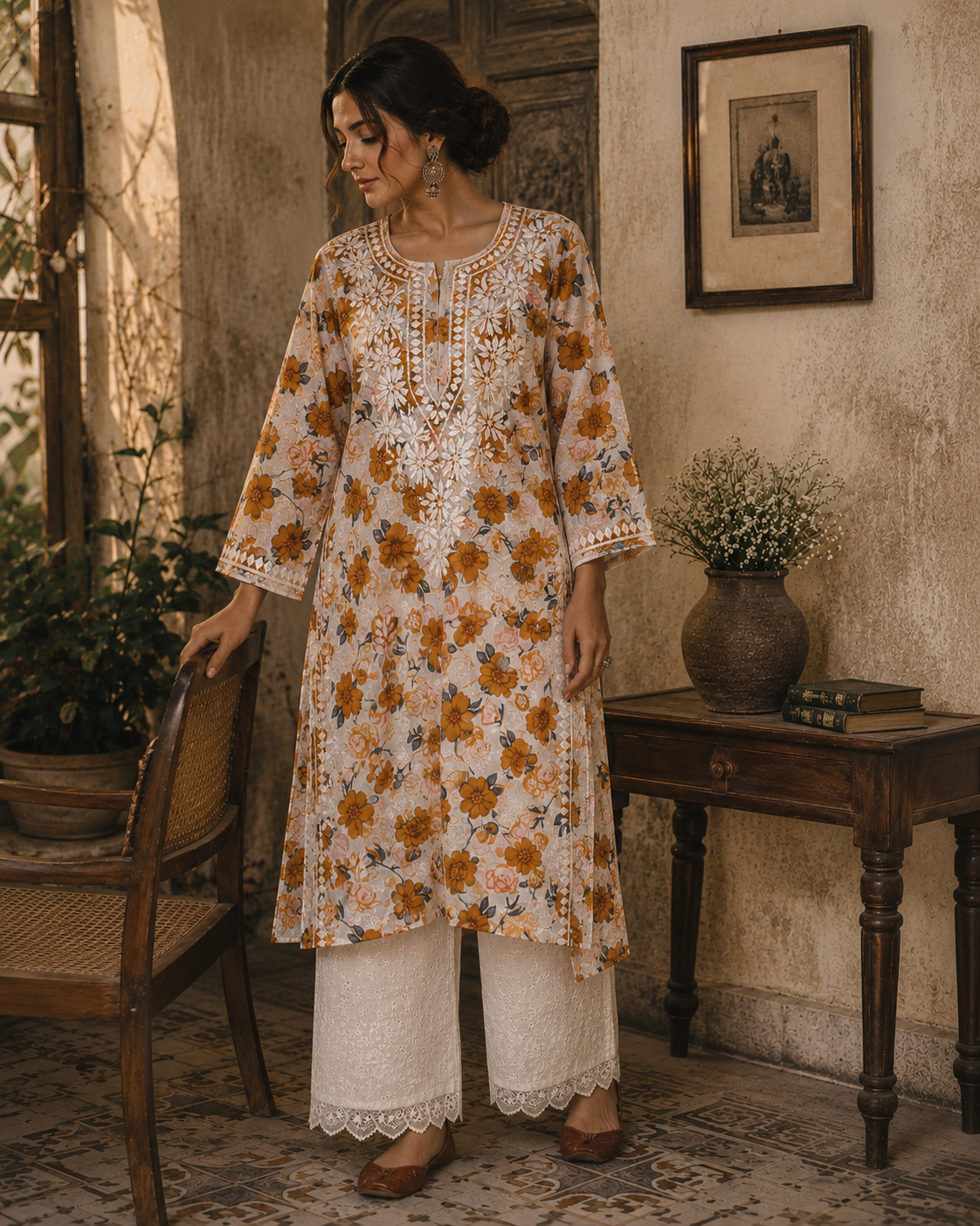 AMEERA ORANGE MULMUL PRINTED LONG KURTA