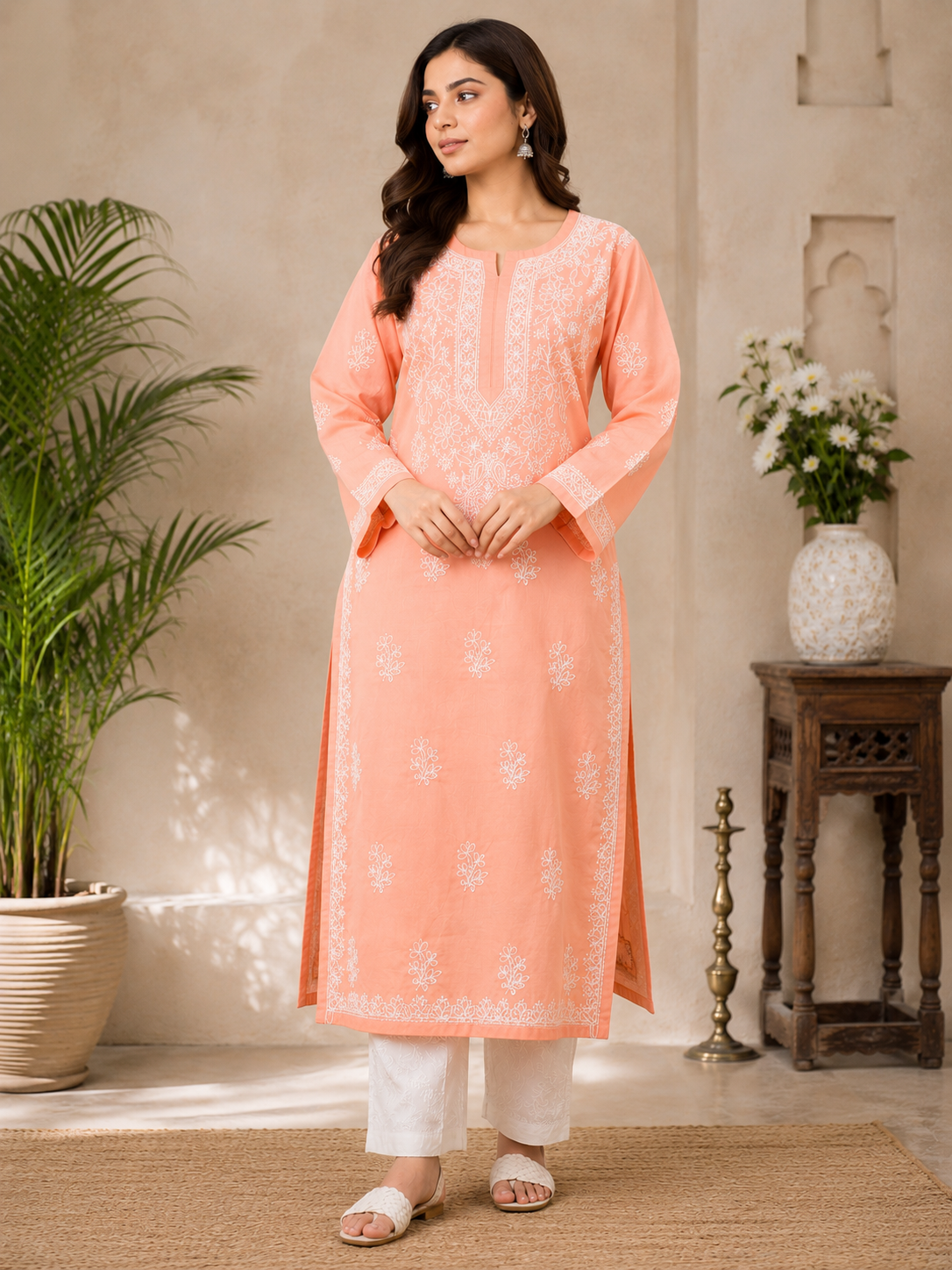 IRA PEACH VOILE COTTON LONG KURTA