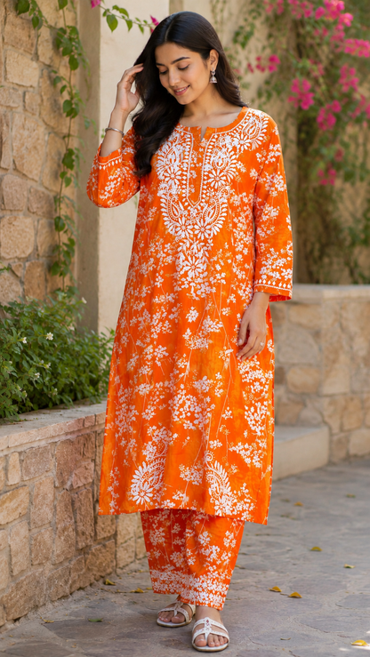 TUBA ORANGE MULMUL PRINTED KURTA WITH PANT