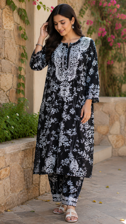 TUBA BLACK MULMUL PRINTED KURTA WITH PANT