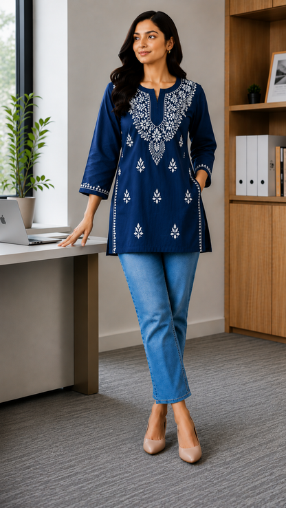 SUHANI TEAL BLUE COTTON SHORT KURTA