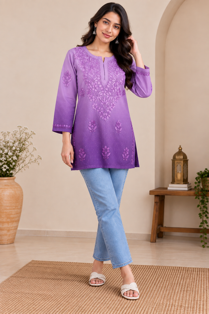 RUBINA PURPLE DOBBY COTTON OMBRE SHORT KURTA