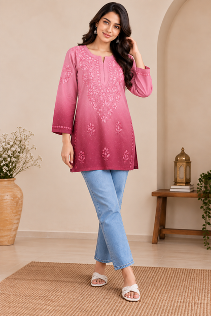 RUBINA RANI PINK DOBBY COTTON OMBRE SHORT KURTA