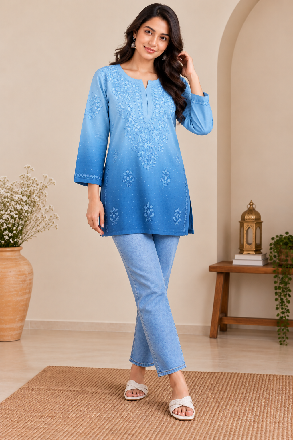 RUBINA BLUE DOBBY COTTON OMBRE SHORT KURTA