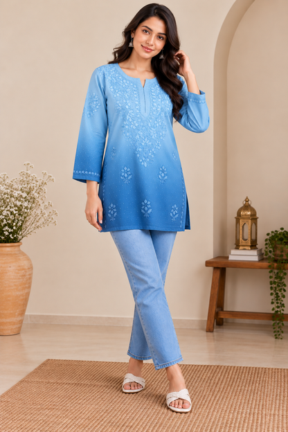 RUBINA BLUE DOBBY COTTON OMBRE SHORT KURTA