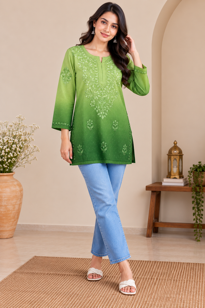RUBINA PARROT GREEN DOBBY COTTON OMBRE SHORT KURTA