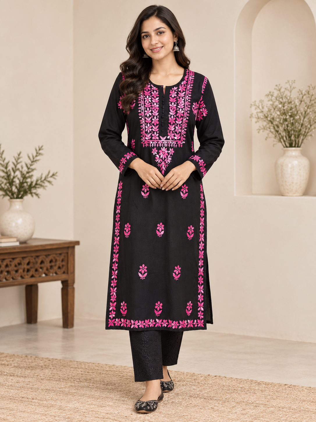 MIRA COTTON LONG KURTA - BLACK & PINK