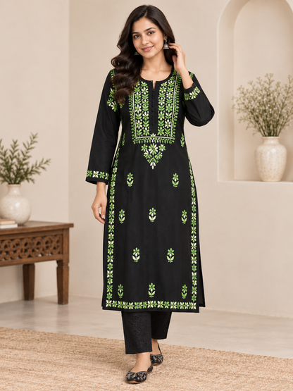 MIRA COTTON LONG KURTA - BLACK & GREEN