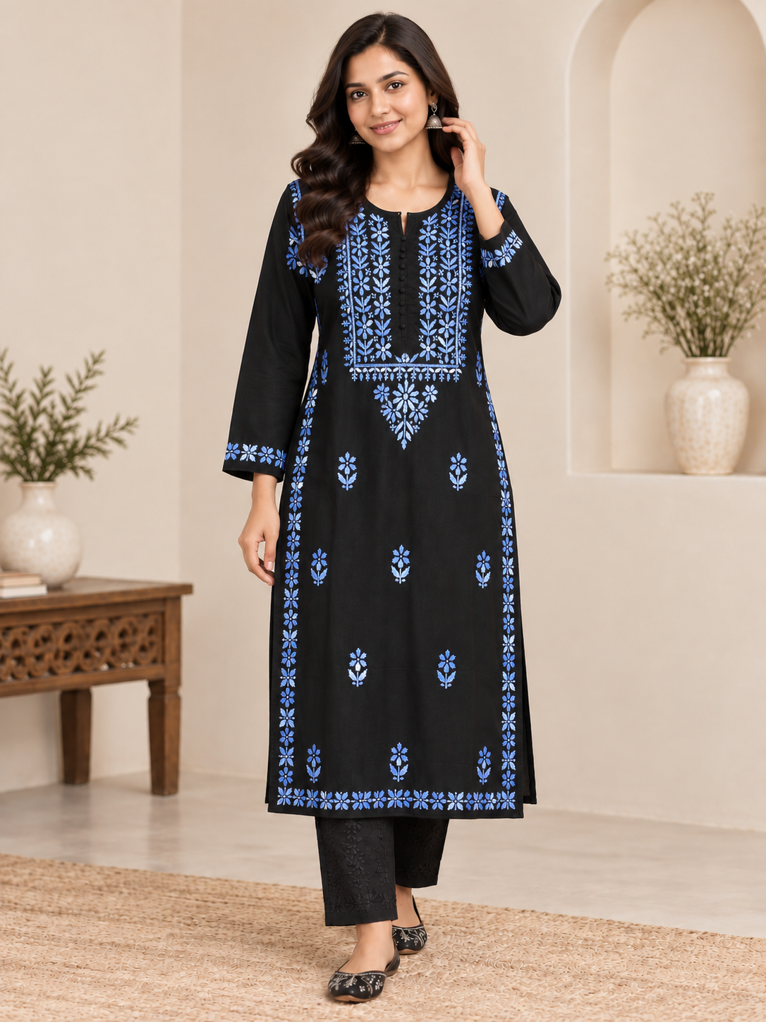 MIRA COTTON LONG KURTA - BLACK & BLUE
