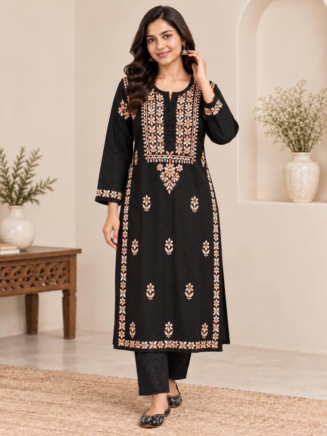 MIRA COTTON LONG KURTA - BLACK & ORANGE
