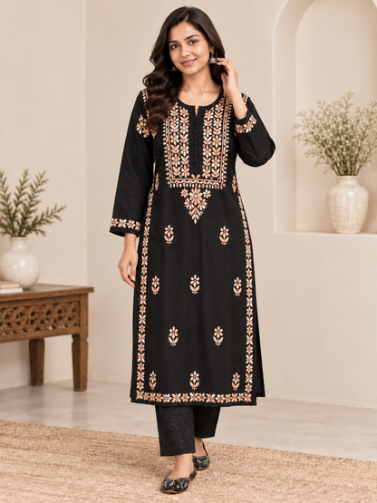 MIRA COTTON LONG KURTA - BLACK & ORANGE