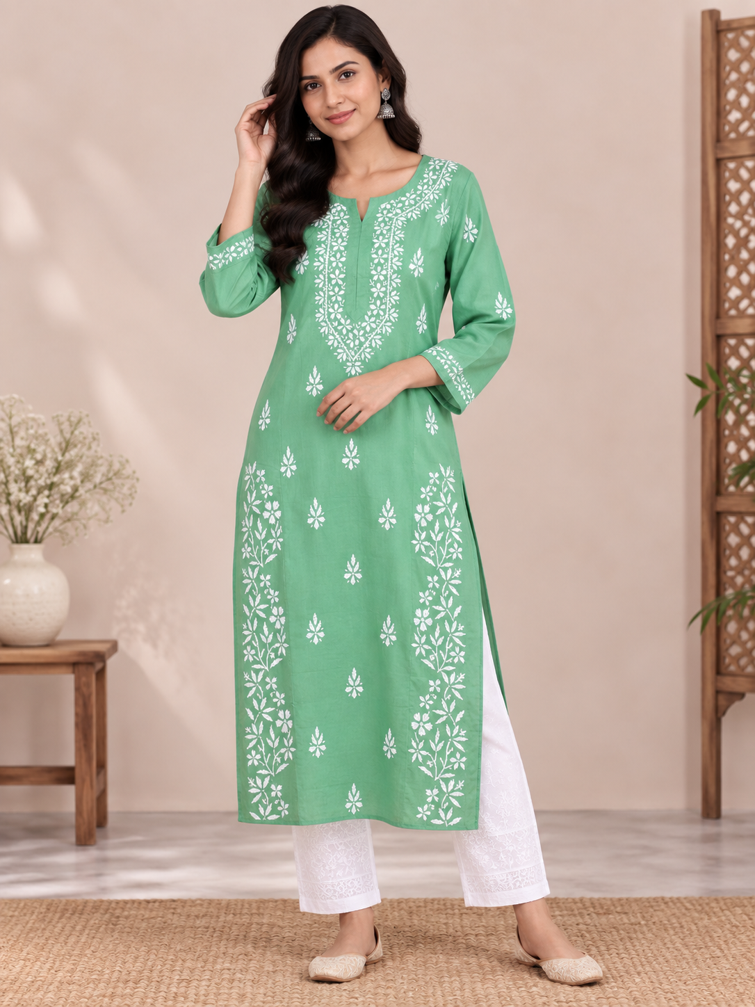 ZOYA SEA GREEN COTTON LONG KURTA