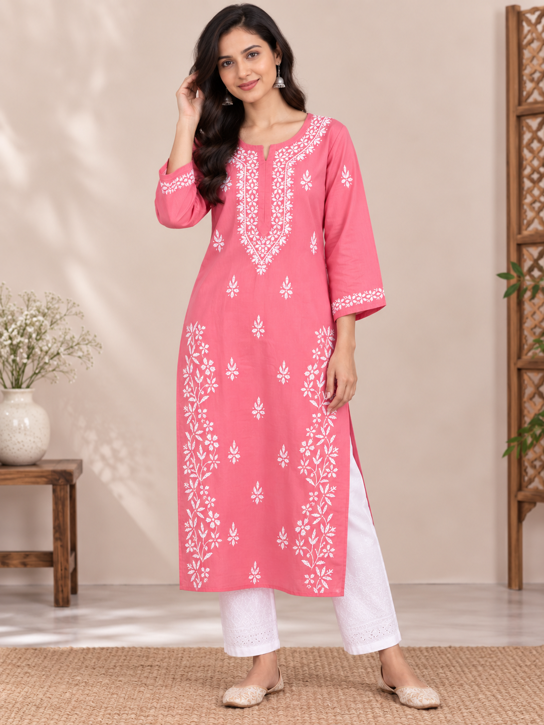 ZOYA PEACH COTTON LONG KURTA