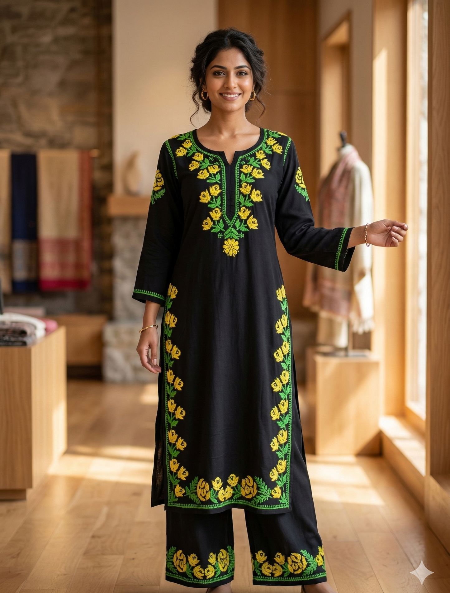 MERINA BLACK & YELLOW PREMIUM RAYON KURTA SET