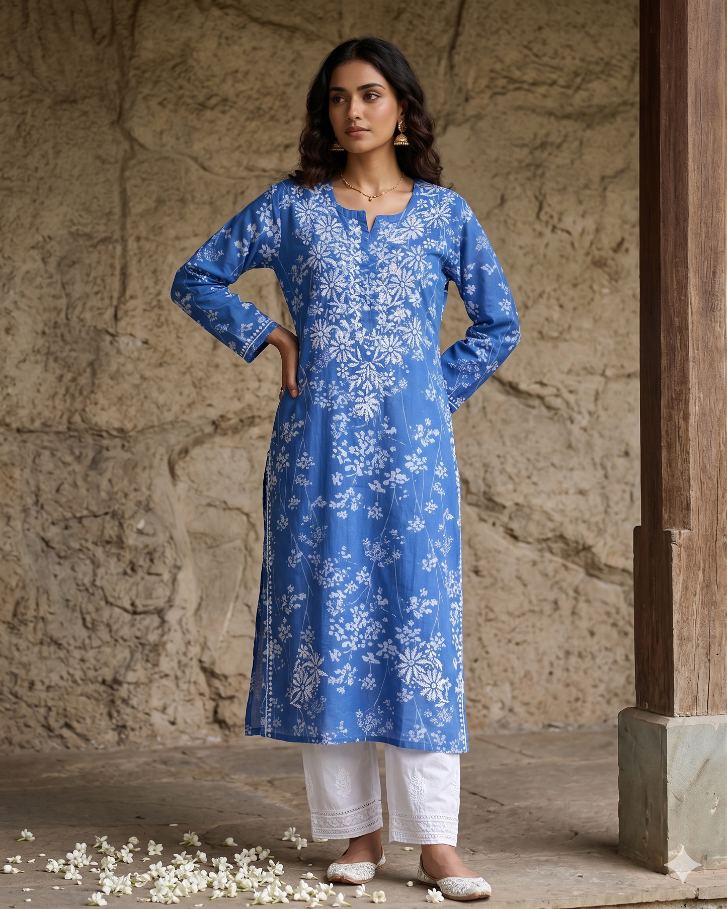 HUBA POWDER BLUE MULMUL PRINTED LONG KURTA