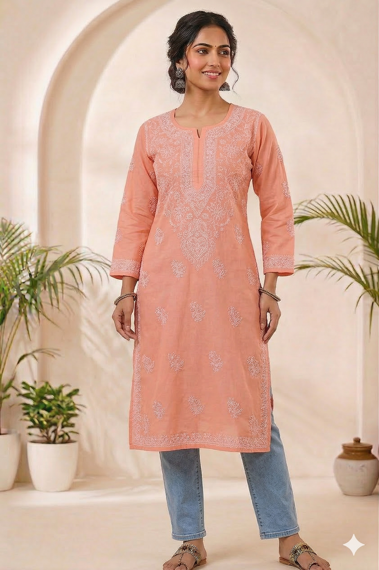 IRA PEACH VOILE COTTON LONG KURTA
