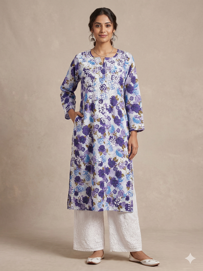 AMEERA PURPLE MULMUL PRINTED LONG KURTA