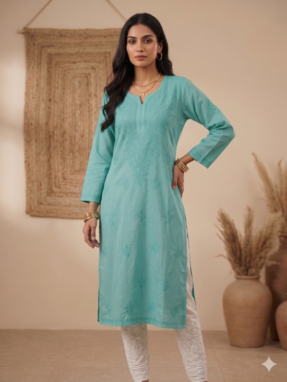 SAFA SEA GREEN COTTON LONG KURTA