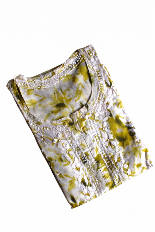 SABA OLIVE GREEN MULMUL PRINTED LONG KURTA