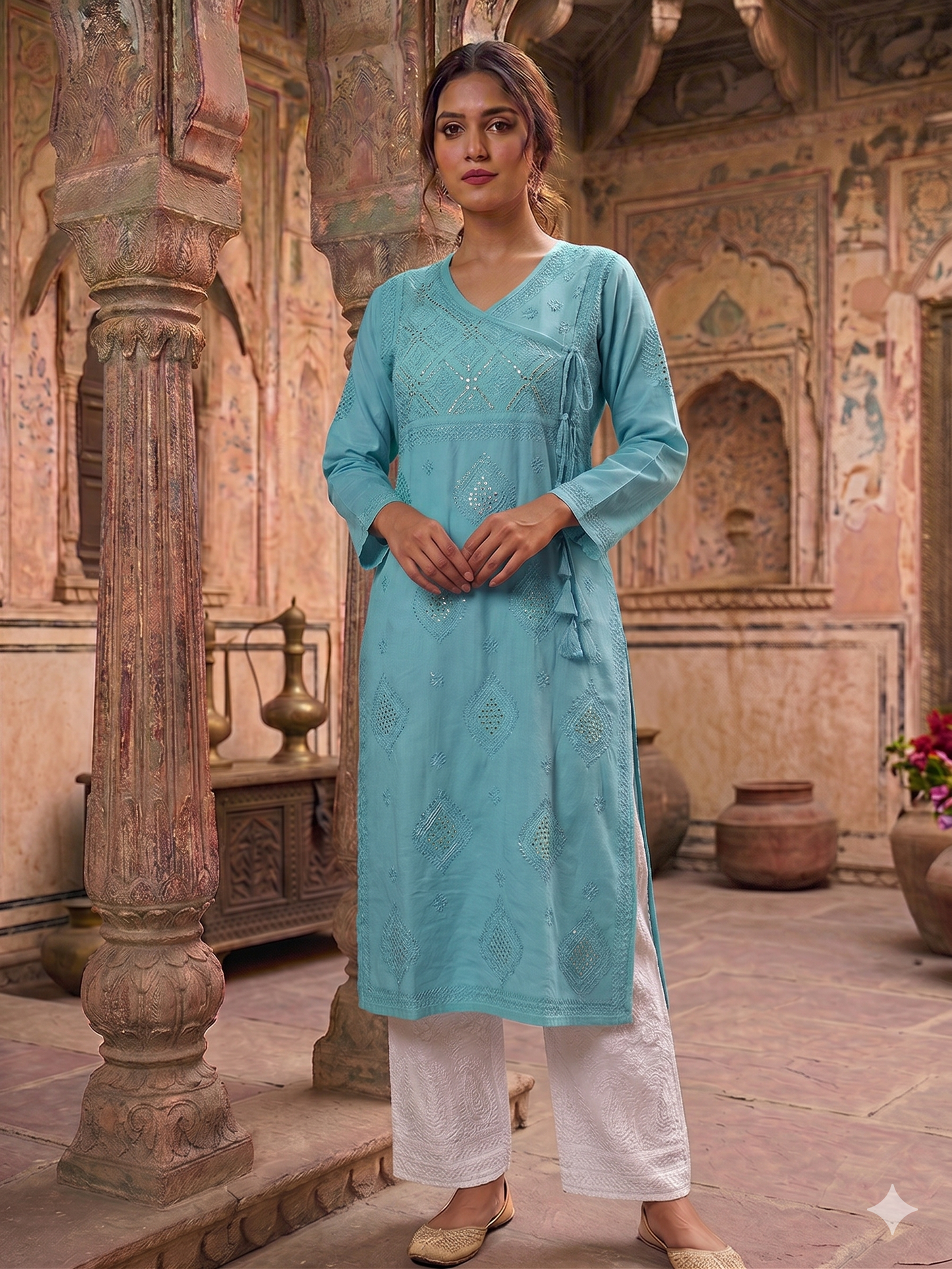 HALA SEA GREEN ANGRAKHA COTTON LONG KURTA