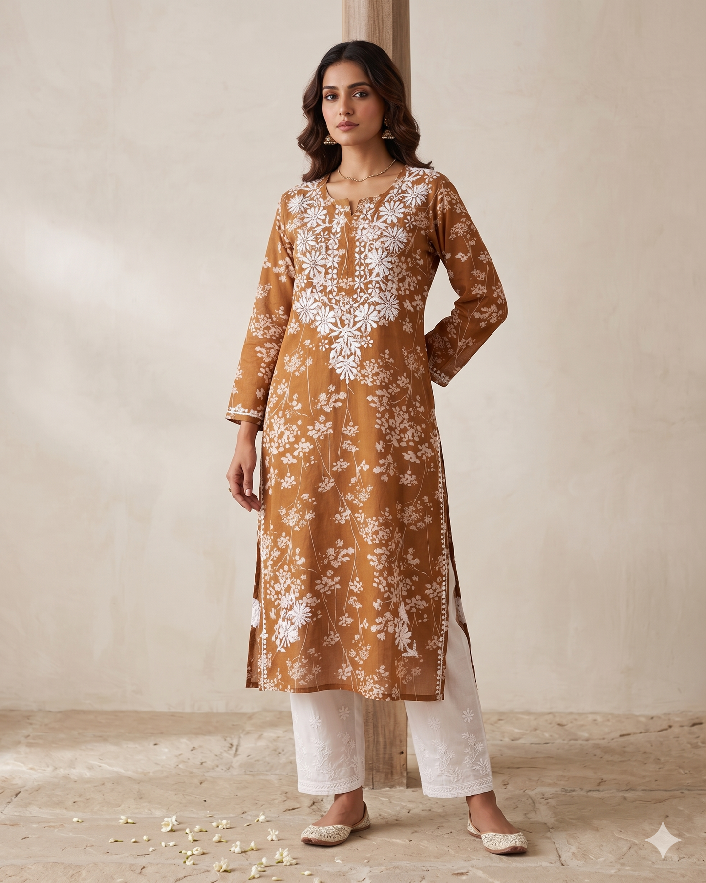 HUBA TAN BROWN MULMUL PRINTED LONG KURTA