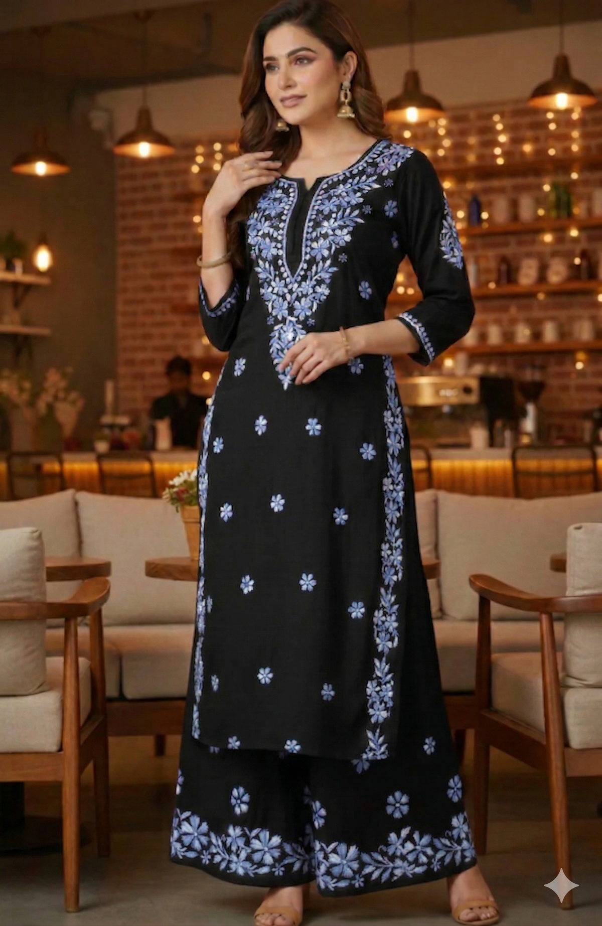 RIYA BLACK & POWDER BLUE RAYON KURTA SET