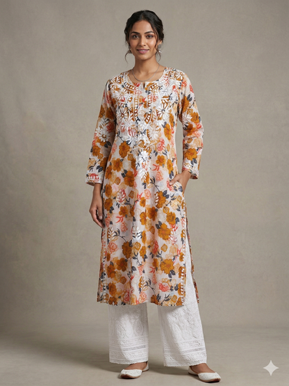 AMEERA ORANGE MULMUL PRINTED LONG KURTA