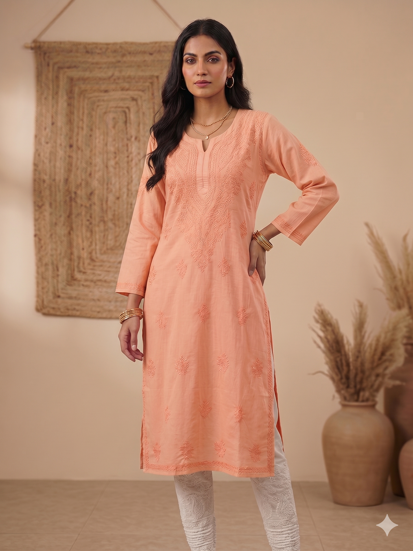 SAFA PEACH COTTON LONG KURTA