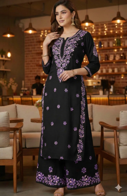 RIYA BLACK & LAVENDER RAYON KURTA SET