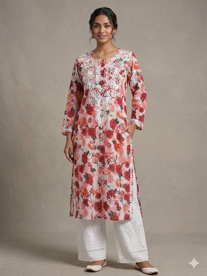 AMEERA PINK MULMUL PRINTED LONG KURTA