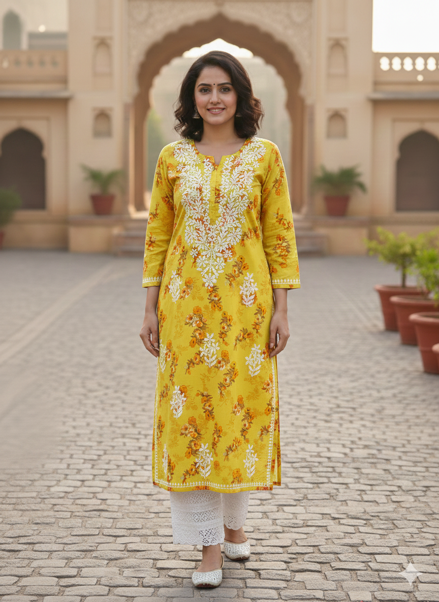 SANIA YELLOW LONG MULMUL KURTA