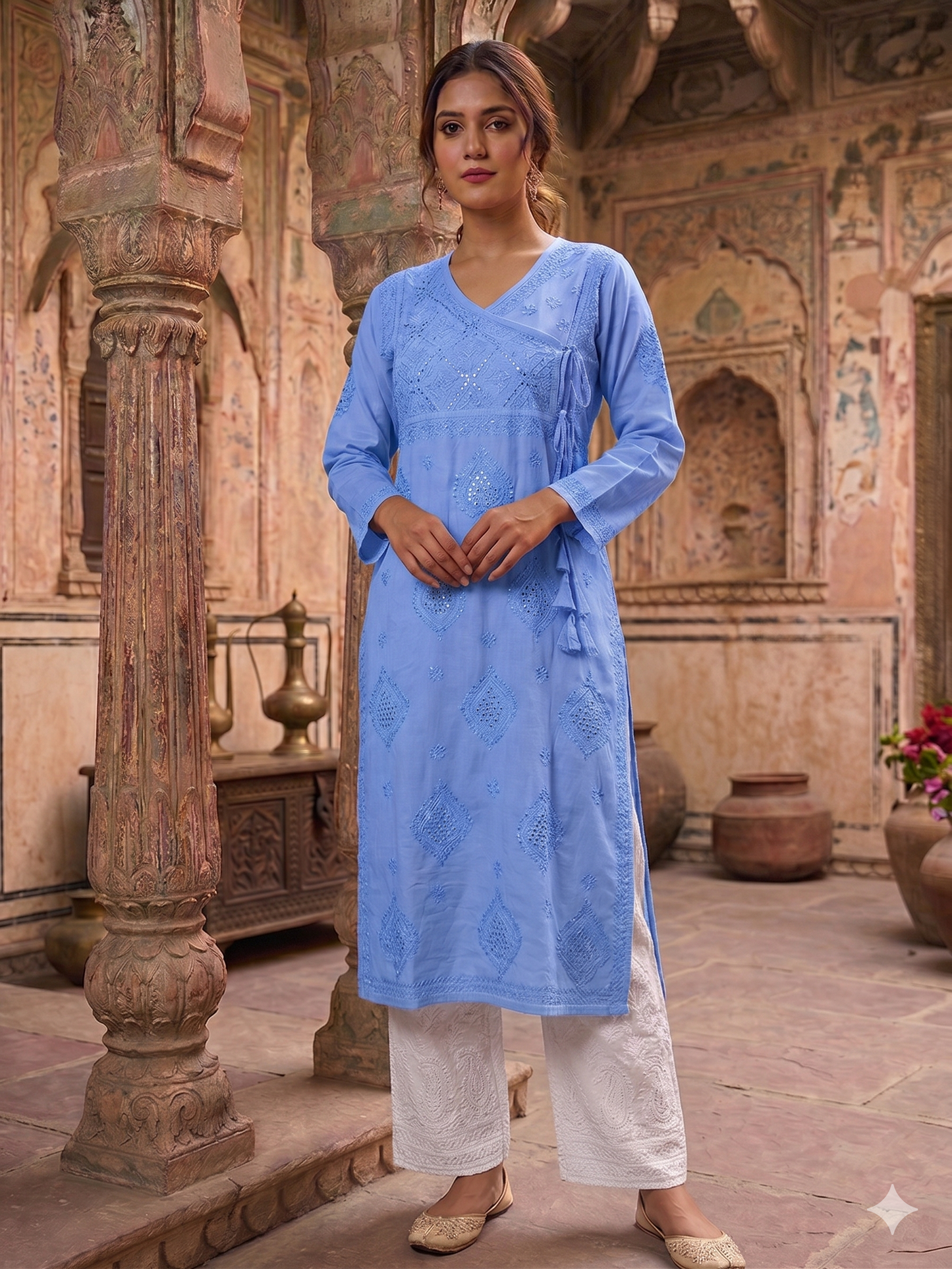 HALA POWDER BLUE ANGRAKHA COTTON LONG KURTA