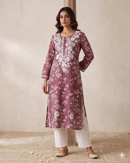 HUBA PLUM MULMUL PRINTED LONG KURTA