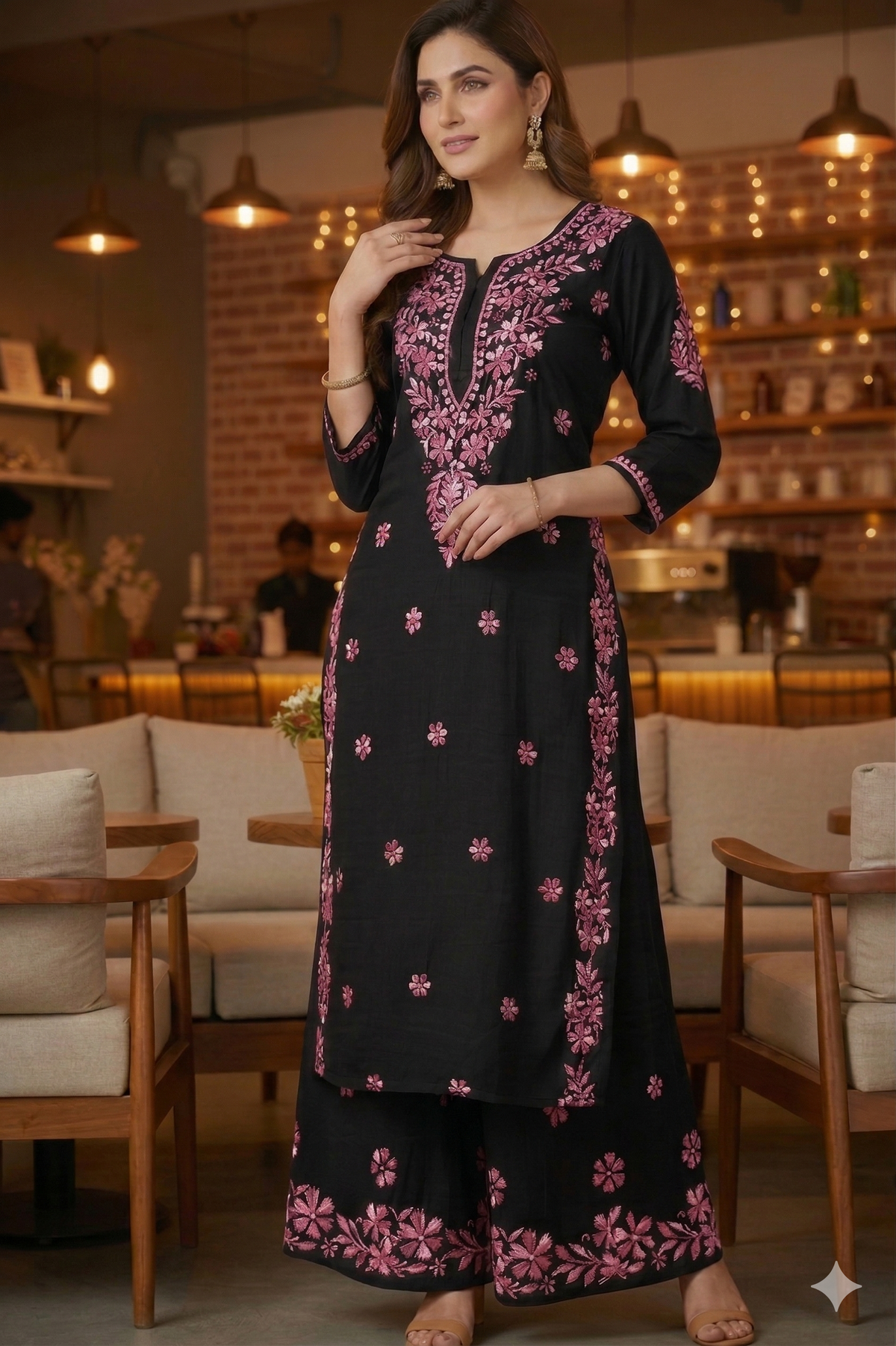 RIYA BLACK & PINK RAYON KURTA SET