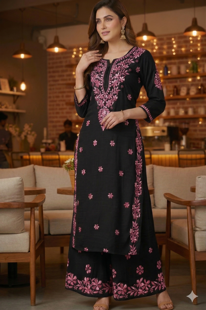 RIYA BLACK & PINK RAYON KURTA SET