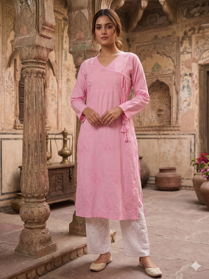 HALA BABY PINK ANGRAKHA COTTON LONG KURTA