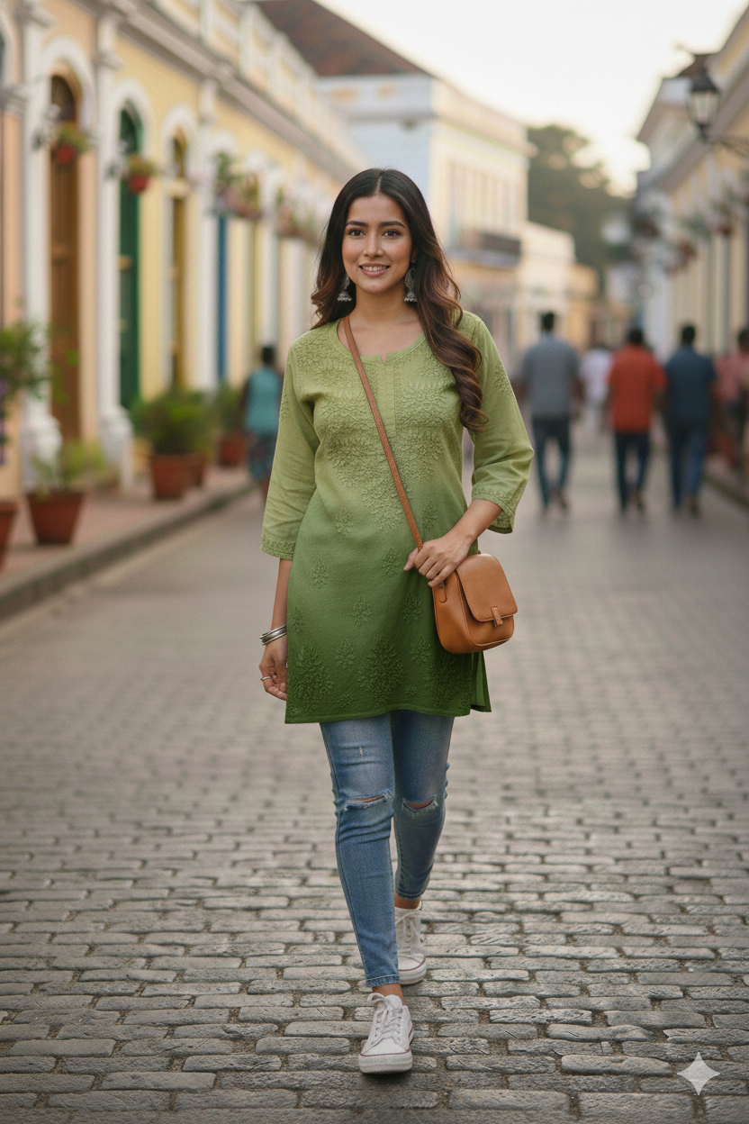 RUBINA MEHNDI GREEN DOBBY COTTON OMBRE SHORT KURTA