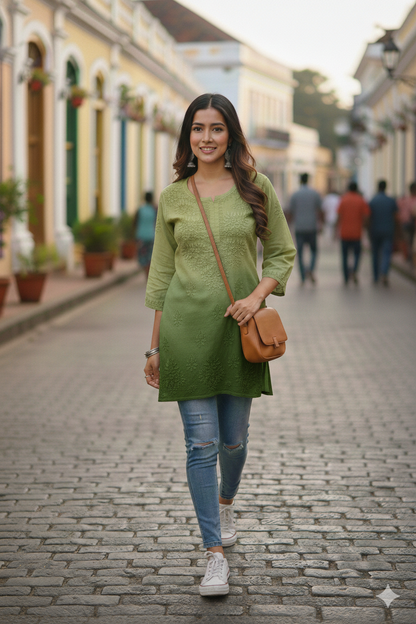RUBINA MEHNDI GREEN DOBBY COTTON OMBRE SHORT KURTA