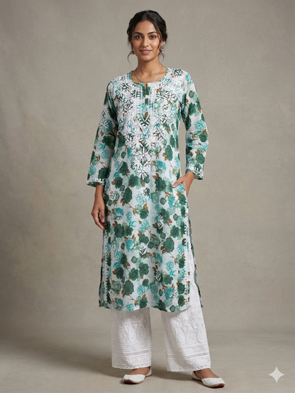 AMEERA GREEN MULMUL PRINTED LONG KURTA