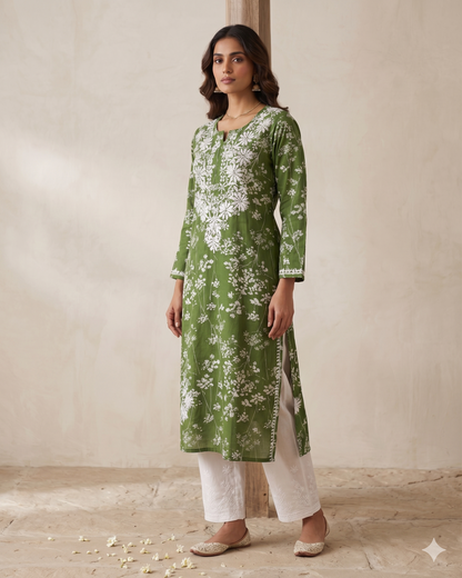 HUBA MEHENDI GREEN MULMUL PRINTED LONG KURTA