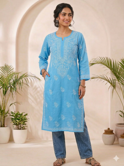 IRA POWDER BLUE VOILE COTTON LONG KURTA