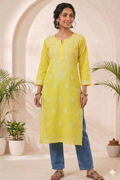 IRA YELLOW VOILE COTTON LONG KURTA