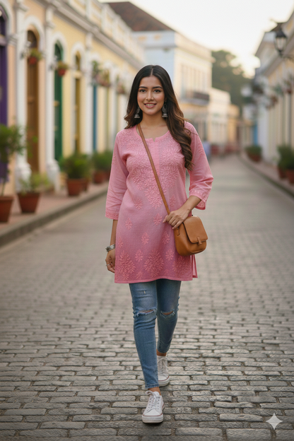 RUBINA CANDY PINK DOBBY COTTON OMBRE SHORT KURTA
