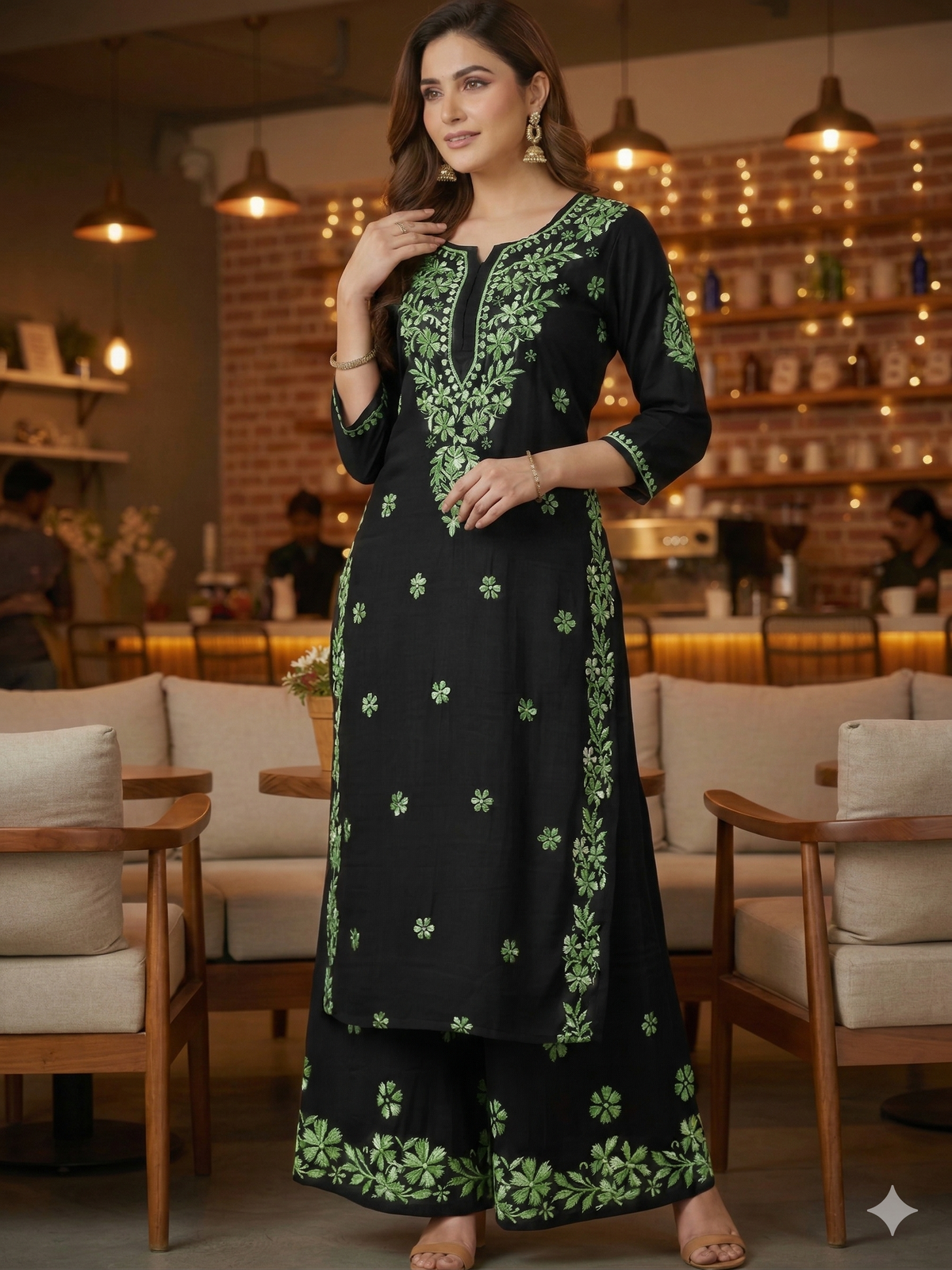 RIYA BLACK & GREEN RAYON KURTA SET