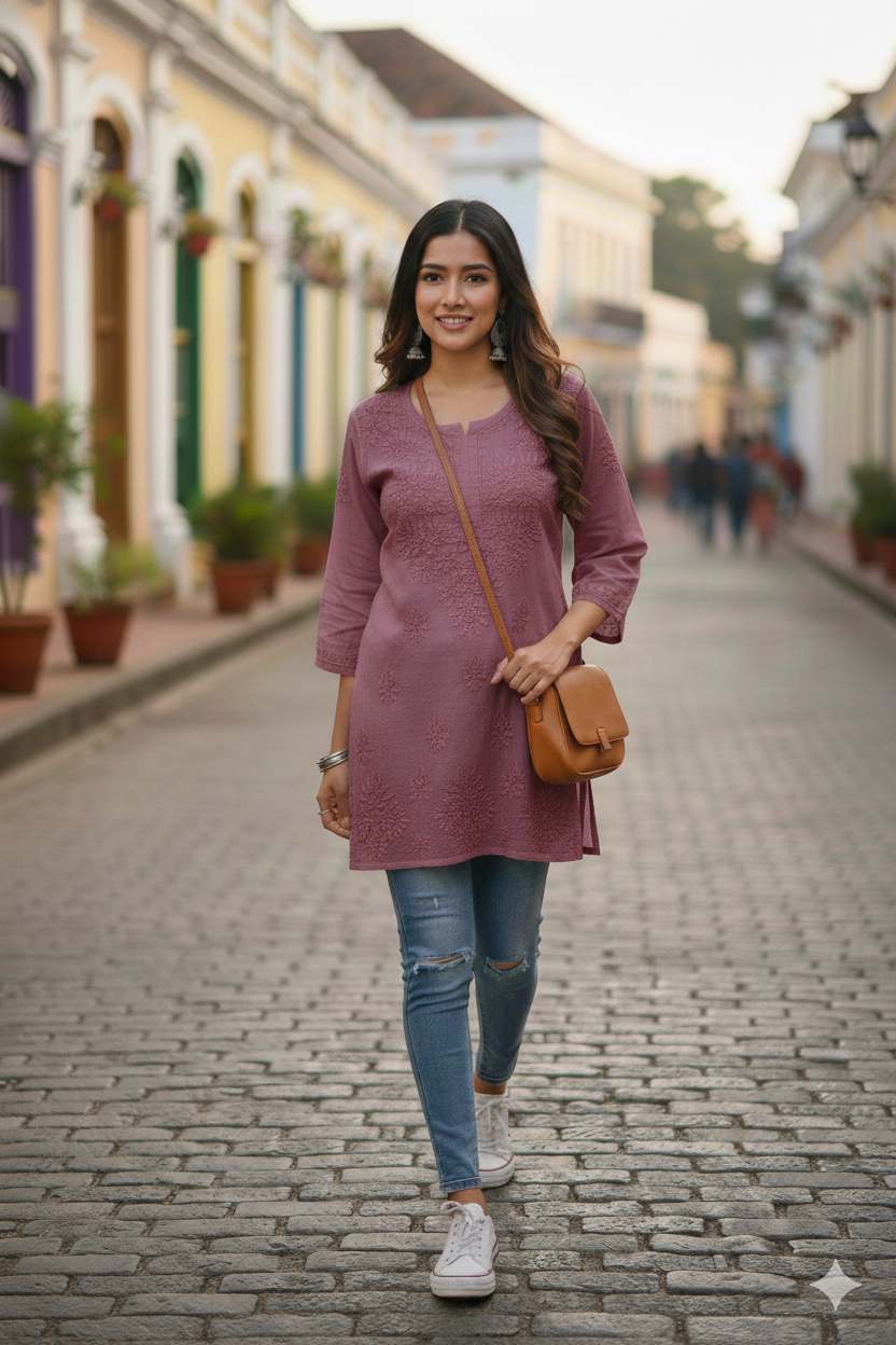 RUBINA MAUVE DOBBY COTTON OMBRE SHORT KURTA
