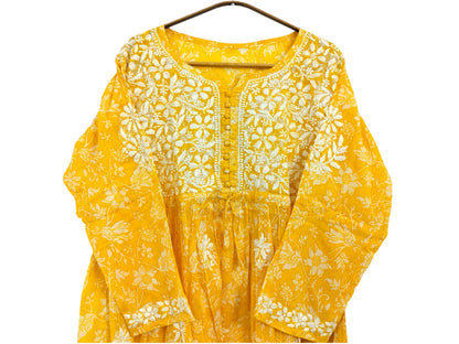 YELLOW MULMUL PRINTED SHORT FROCK