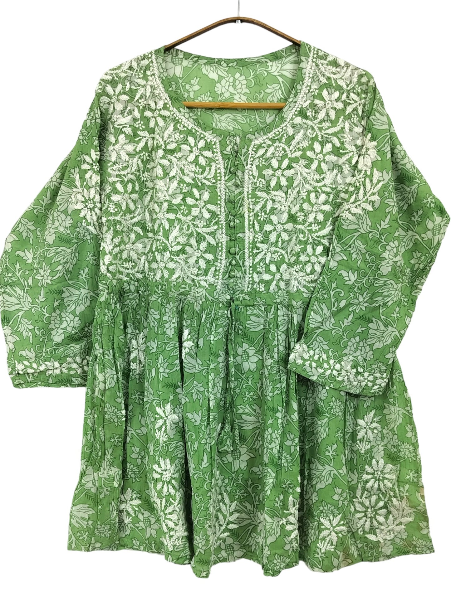 GREEN MULMUL PRINTED SHORT FROCK